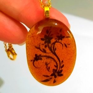 Stained Glass Transparent Light Brown Necklace with Fused Flower Decal